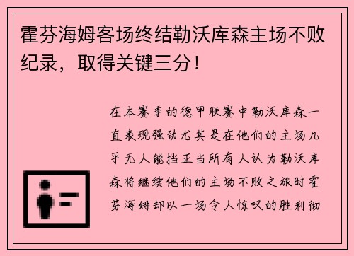 霍芬海姆客场终结勒沃库森主场不败纪录，取得关键三分！