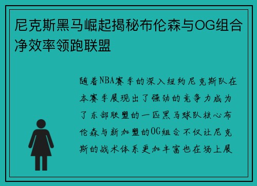 尼克斯黑马崛起揭秘布伦森与OG组合净效率领跑联盟